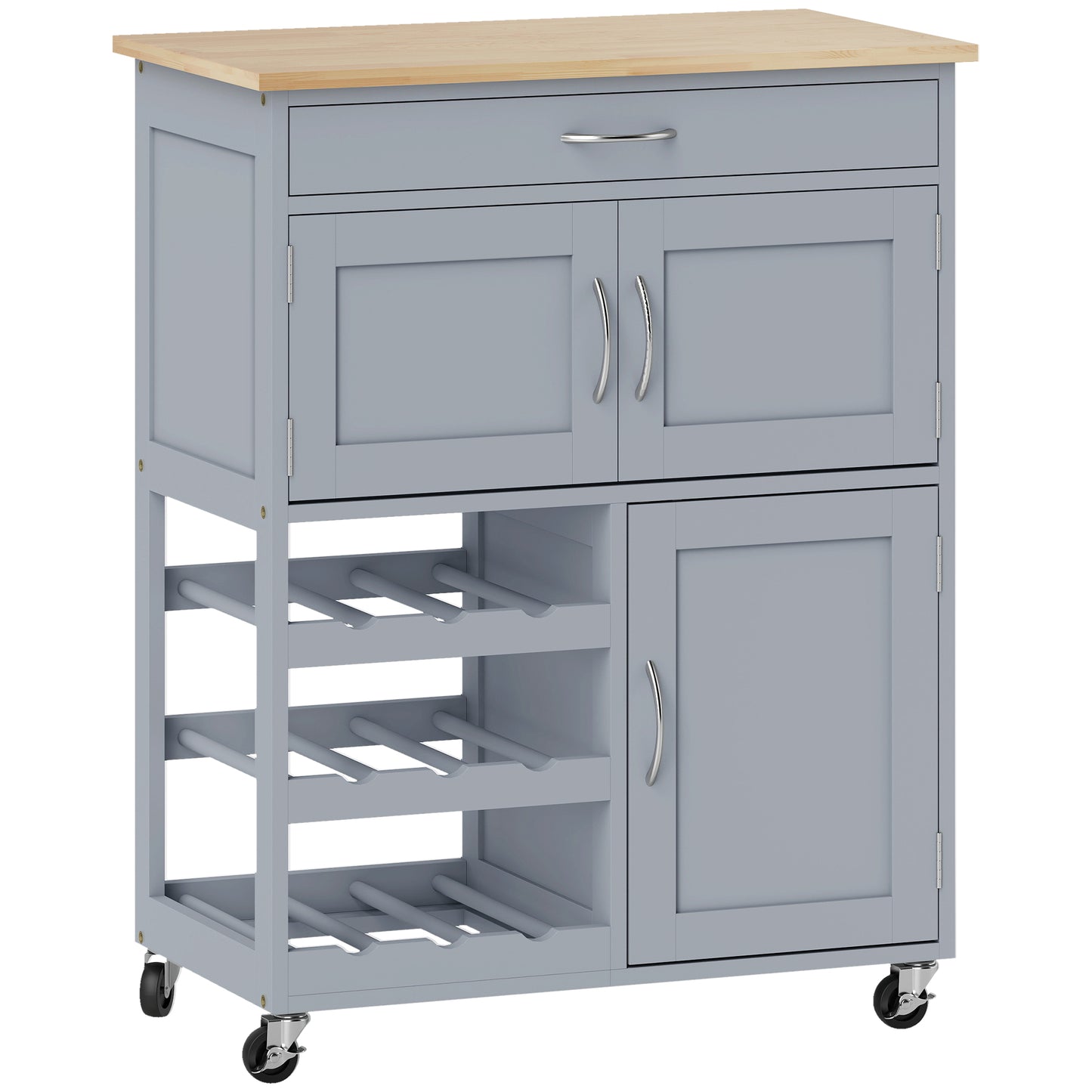 Modern Kitchen Trolley, Rolling Island Storage Cart with Drawer, 9-bottle Wine Rack, Door Cabinets, Wooden Countertop, Grey