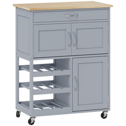 Modern Kitchen Trolley, Rolling Island Storage Cart with Drawer, 9-bottle Wine Rack, Door Cabinets, Wooden Countertop, Grey