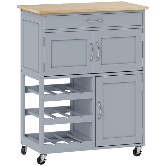 Modern Kitchen Trolley, Rolling Island Storage Cart with Drawer, 9-bottle Wine Rack, Door Cabinets, Wooden Countertop, Grey