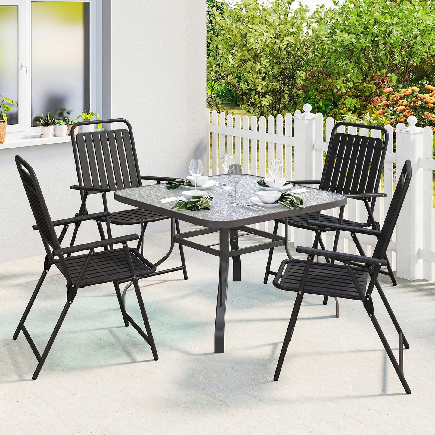 Folding Garden Chairs, Garden Dining Chairs with Plastic Slatted Seat Back, Armrests, Steel Frame, Set of 4, Black