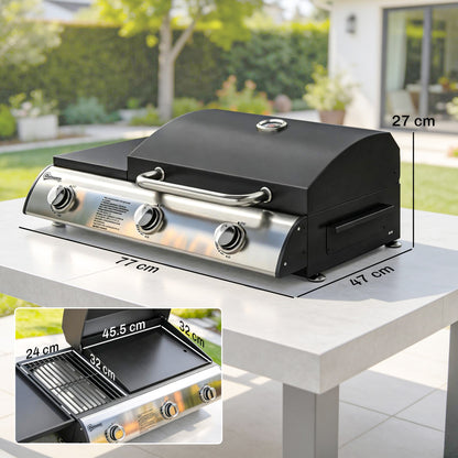 3 Burner Portable Gas Plancha BBQ Grill, 7.5 kW Outdoor Tabletop Gas Barbecue Grill with Griddle, Thermometer,, Black