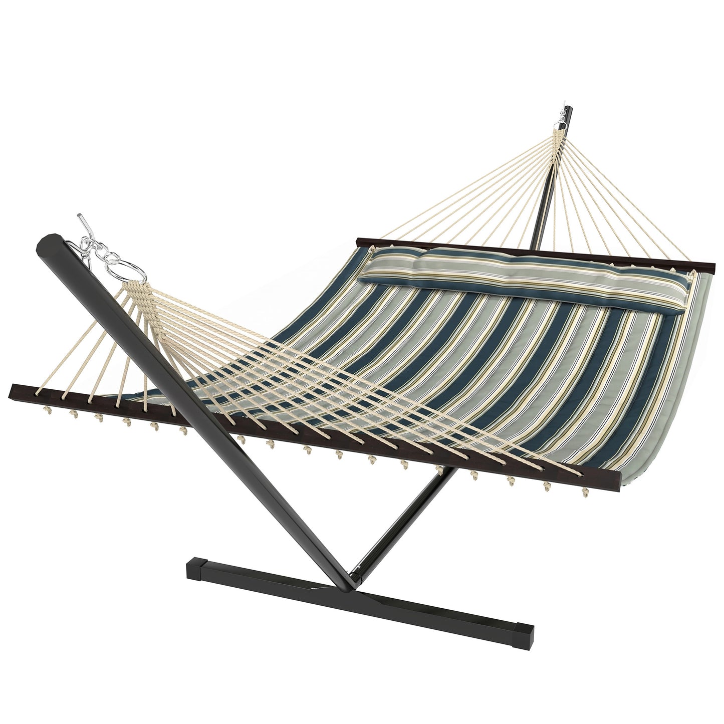 Outdoor Hammock with Stand Detachable Pillow Striped Swing Steel Frame, for Garden, Patio, Green