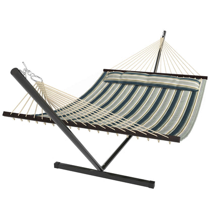 Outdoor Hammock with Stand Detachable Pillow Striped Swing Steel Frame, for Garden, Patio, Green
