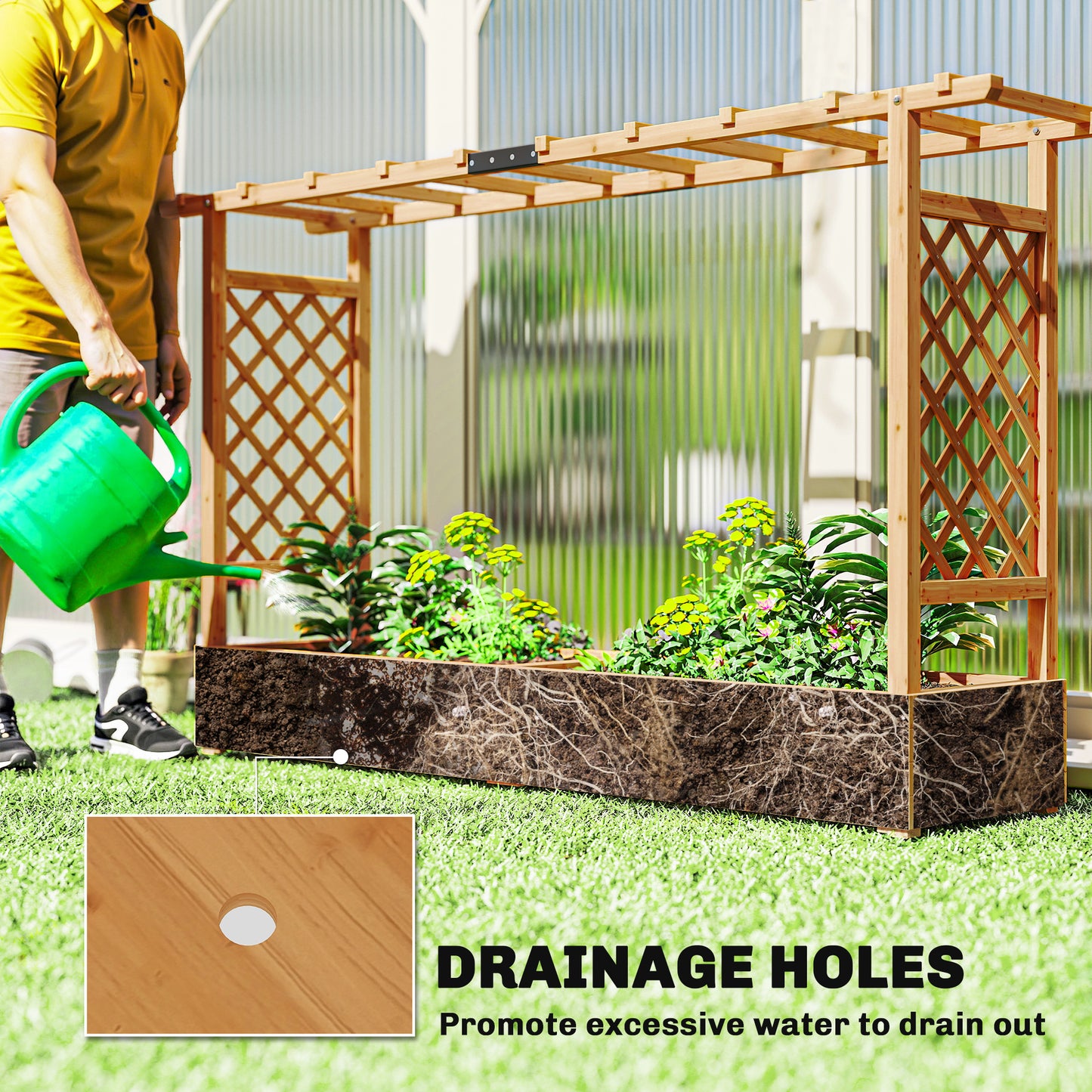 Raised Planter with Trellis, Wooden Raised Bed with Hanging Roof and Drainage Holes for Garden, Natural