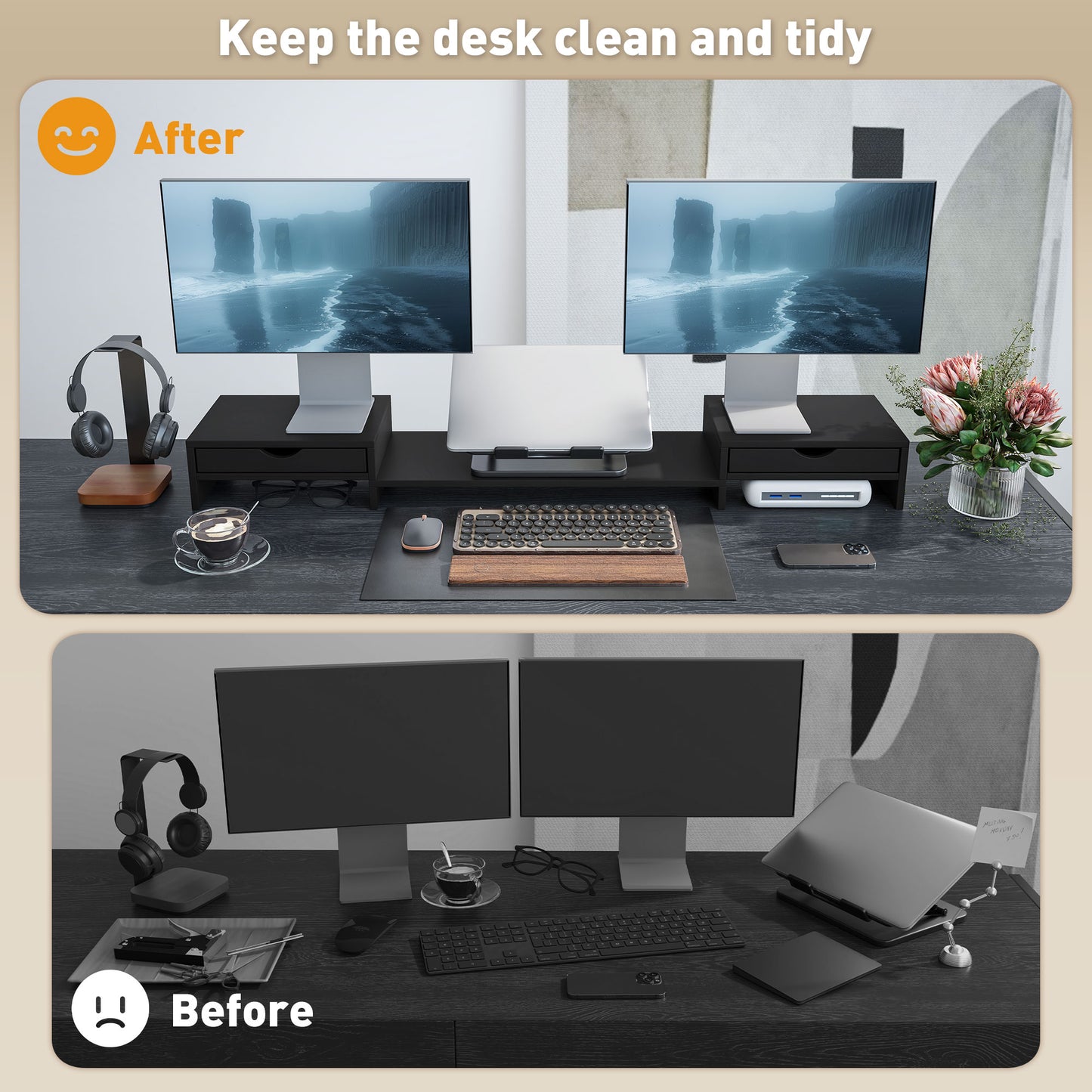 Dual Monitor Stand Riser with 2 Drawers, Adjustable Length and Angle, 116cm Monitor Riser for Laptop, Computer, PC