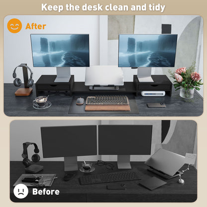 Dual Monitor Stand Riser with 2 Drawers, Adjustable Length and Angle, 116cm Monitor Riser for Laptop, Computer, PC