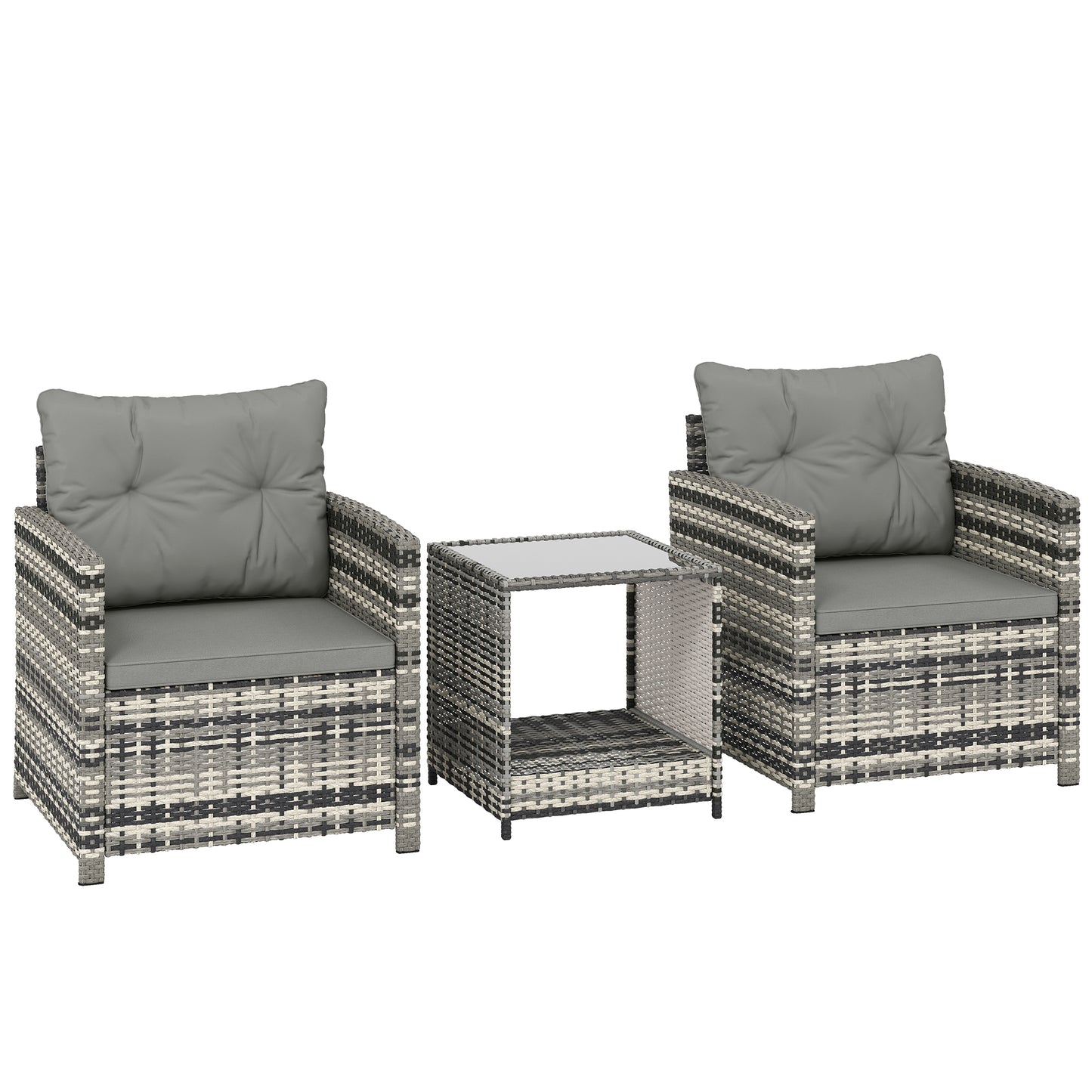 Rattan Bistro Set, 3 Piece Garden Furniture Set with 2 Tier Glass Top Table and Cushions, Mixed Grey