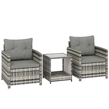 Rattan Bistro Set, 3 Piece Garden Furniture Set with 2 Tier Glass Top Table and Cushions, Mixed Grey