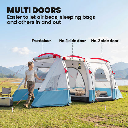 3 Person Tunnel Tent, Large Camping Tent with Bedroom, Living Room, Sewn-in Floor, 3 Doors, Carry Bag, 2000mm for Fishing