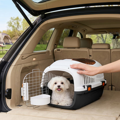 Plastic Pet Carrier Hard Shell Dog Cat Carrier Max 4 KG Steel Door Feed Bowl Secure Lock 49 x 32 x 31 cm