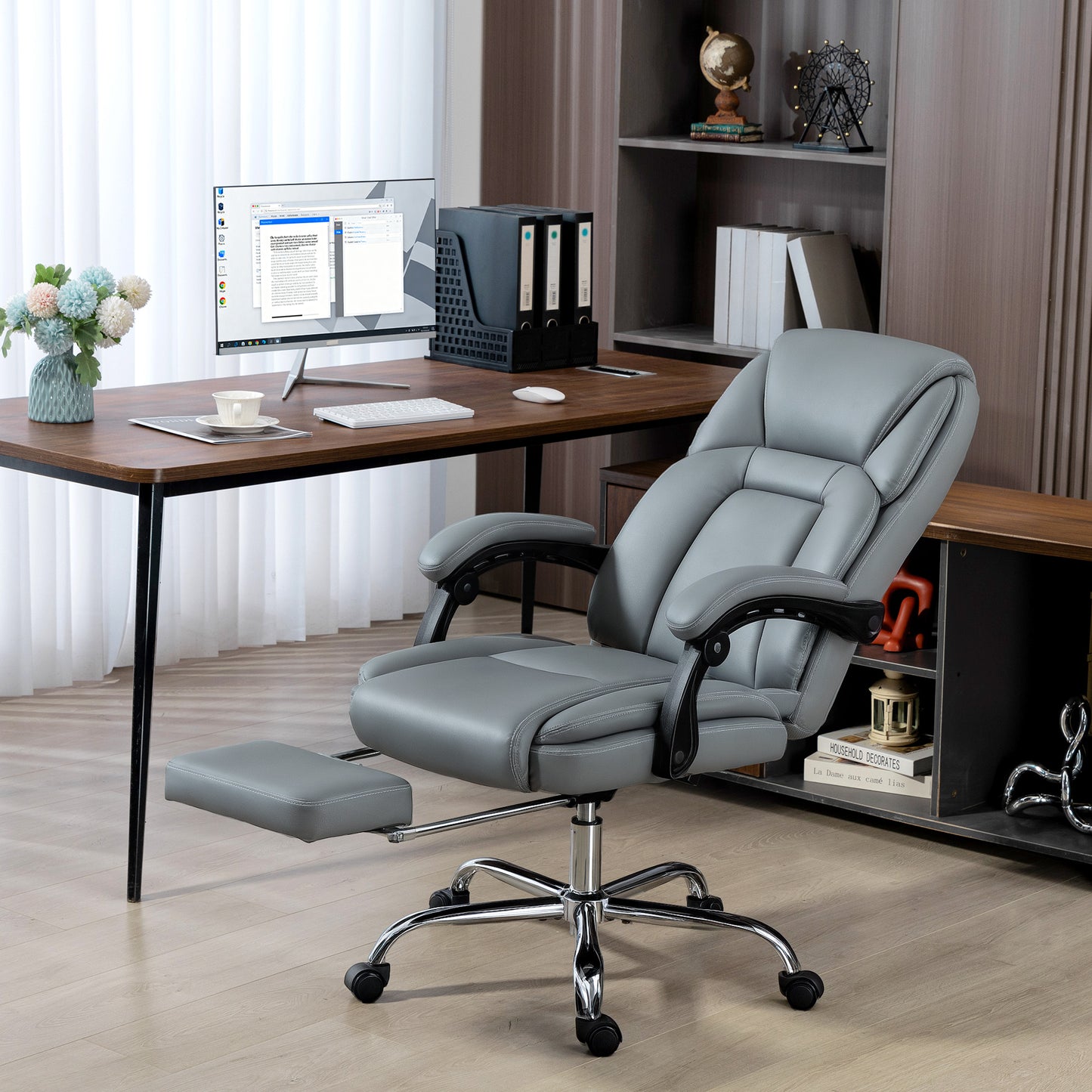 Faux Leather Reclining Office Chair, with Footrest - Grey