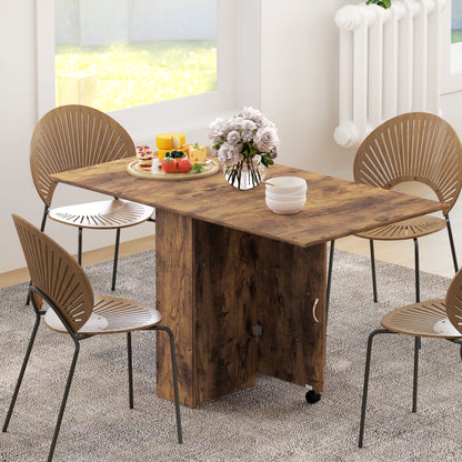 80-140 cm Folding Dining Table for 4-6 People, Drop Leaf Table with 2-Tier Shelves, Rolling Casters, Rustic Brown