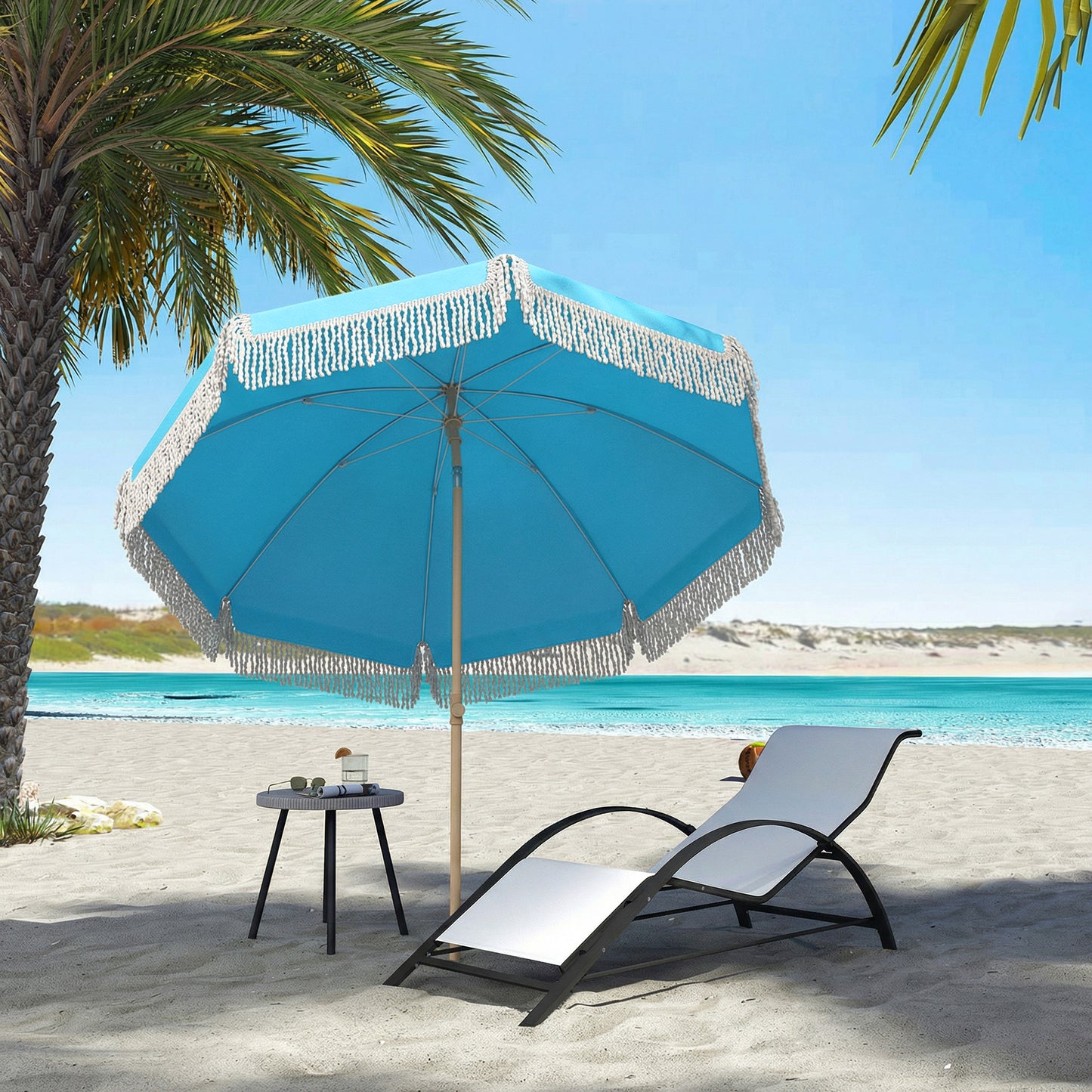 1.7 m Beach Umbrella with Sand Anchor, 30° Tilting Fringed Beach Garden Parasol with Adjustable Height, Grey