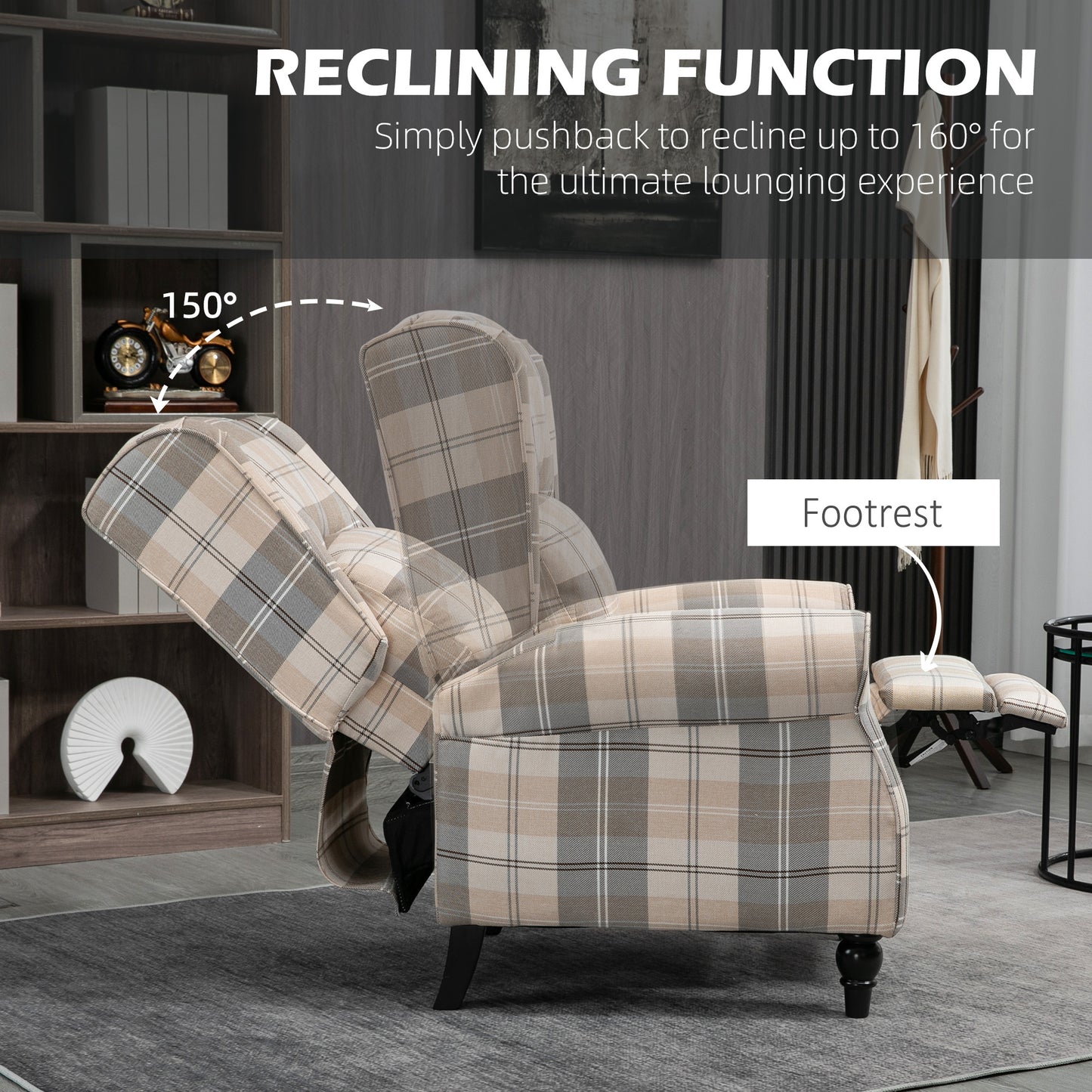 Wingback Recliner Armchair for Living Room, Pushback Reclining Chair with Round Armrests, Footrest and Rubber Wood Legs