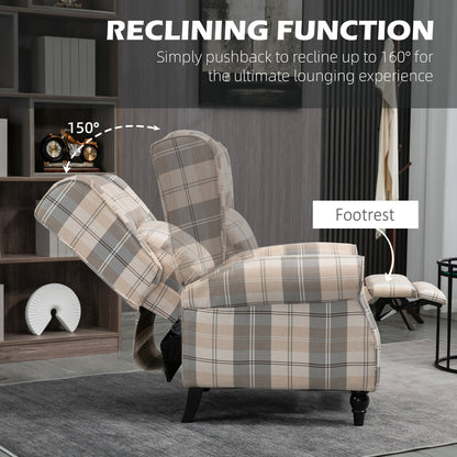 Wingback Recliner Armchair for Living Room, Pushback Reclining Chair with Round Armrests, Footrest and Rubber Wood Legs