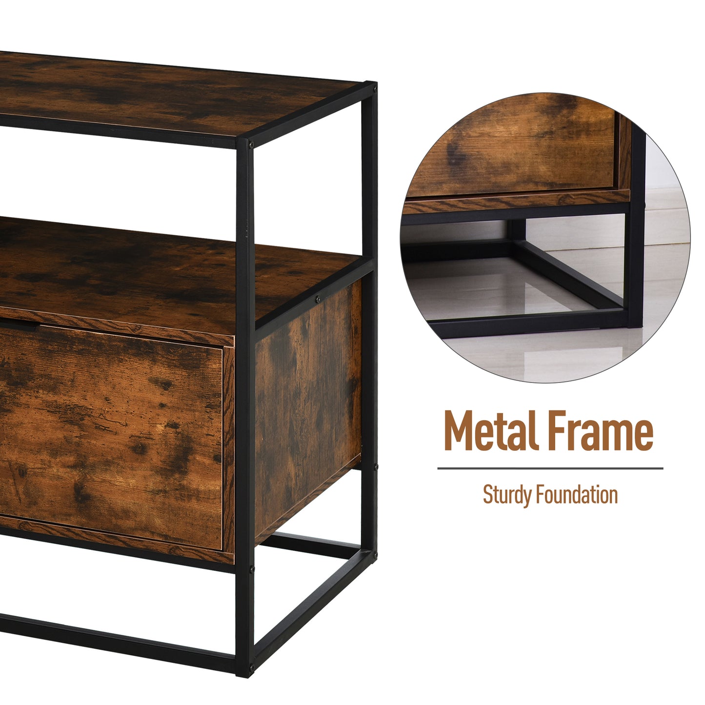 Industrial-Style Side Table w/ Drawer Open Shelf Steel Frame Large Base Two-Tone Retro Stylish Home Furniture Bedroom Living