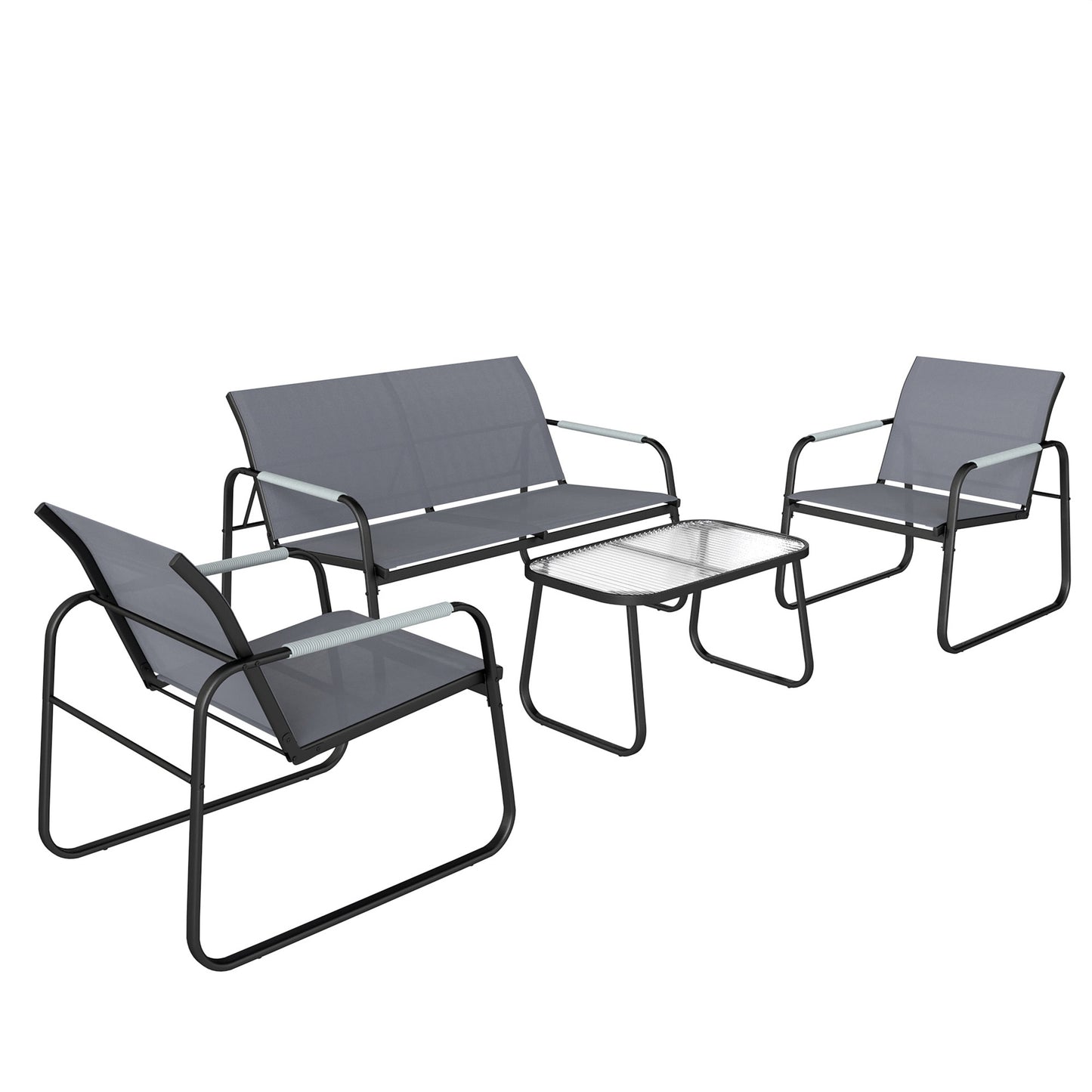 4 Piece Garden Furniture Set, Garden Sofa Set with Loveseat, 2 Armchairs, Tempered Glass Table for Balcony, Grey
