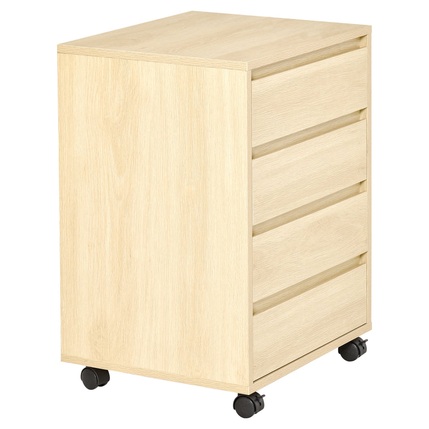 Four-Drawer Office Filing Cabinet, with Wheels - Natural Wood Finish