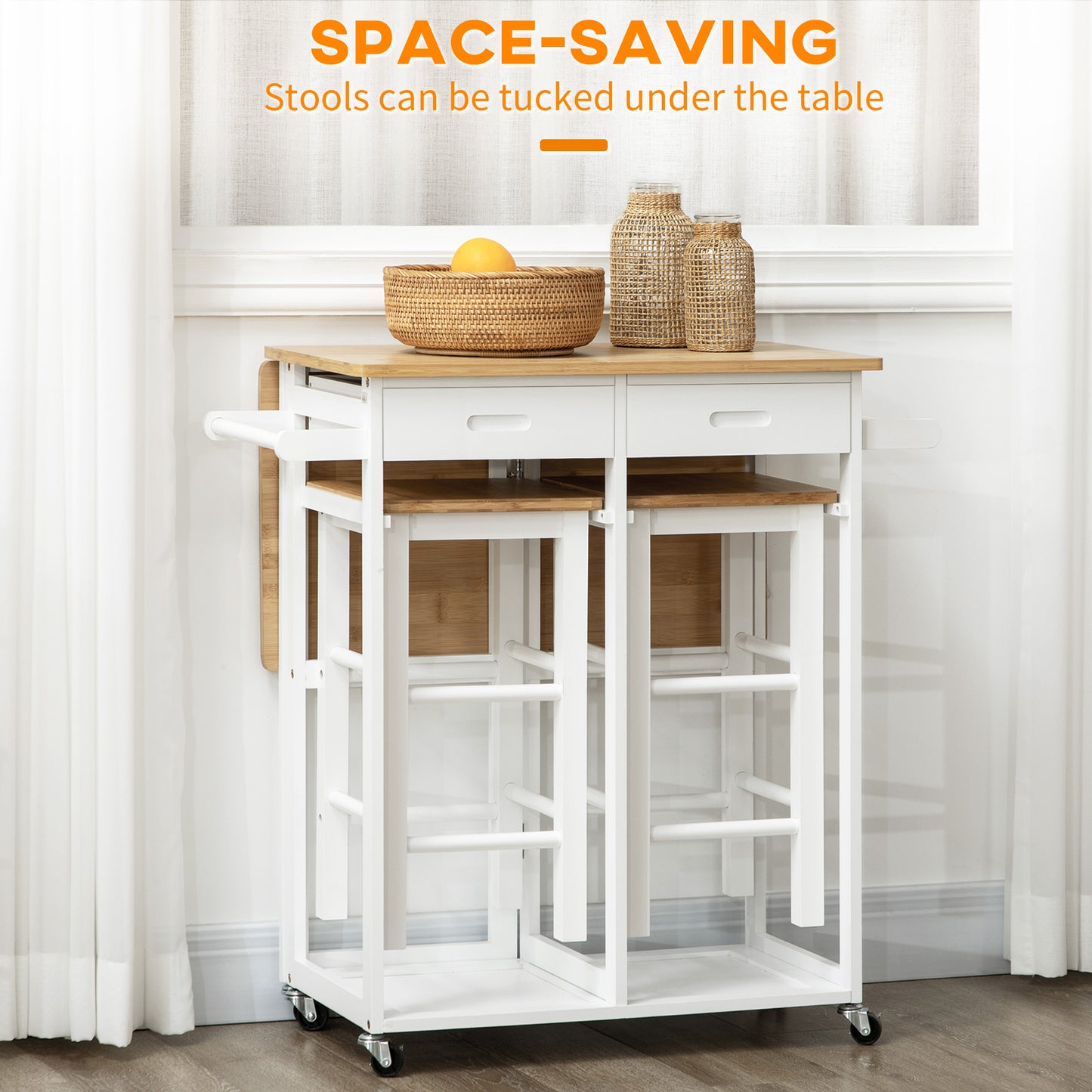 Kitchen Island Set with 2 Stools, Bamboo Breakfast Cart with Drop Leaf Top, Drawers and Towel Rack