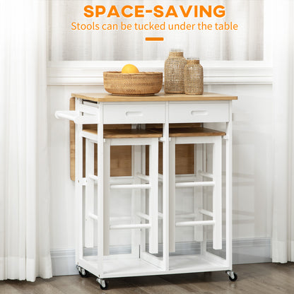 Kitchen Island Set with 2 Stools, Bamboo Breakfast Cart with Drop Leaf Top, Drawers and Towel Rack