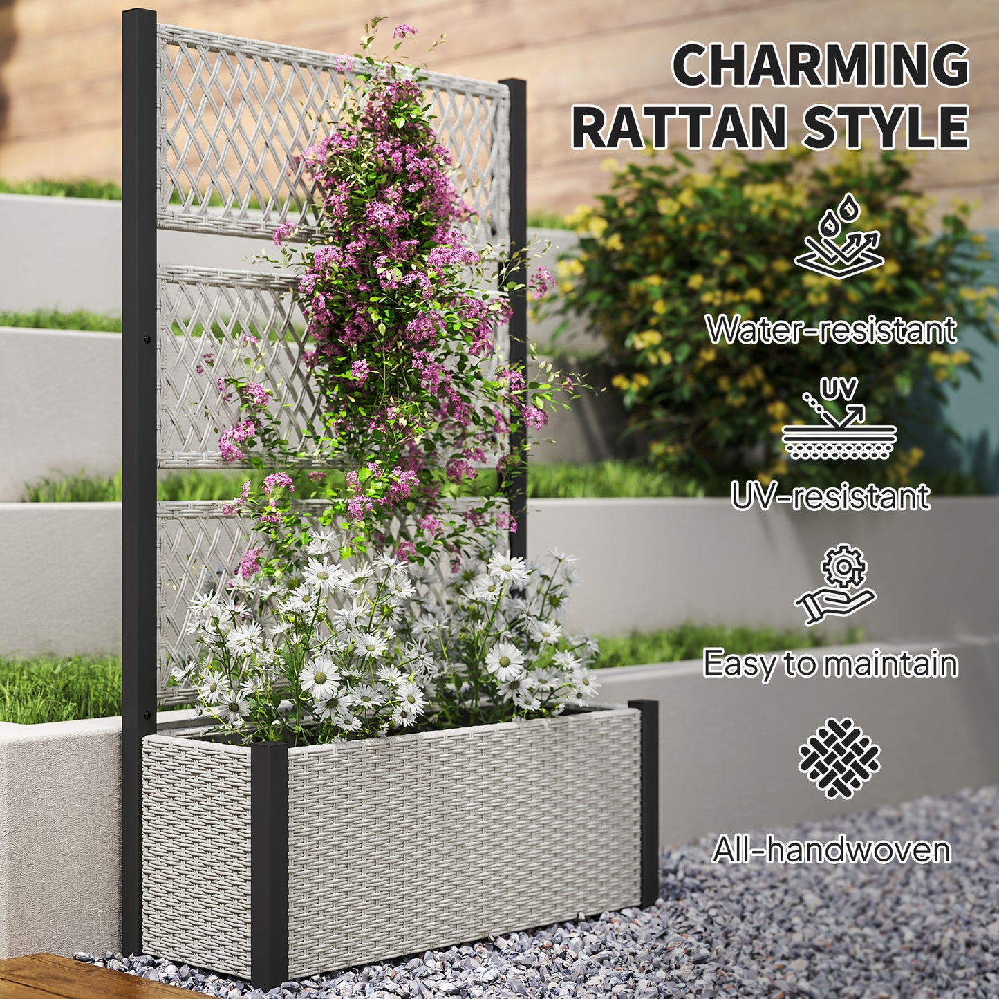 Garden Planter Box with Trellis, Liner for Climbing Plants, Vegetables, Flowers, Mixed-grey