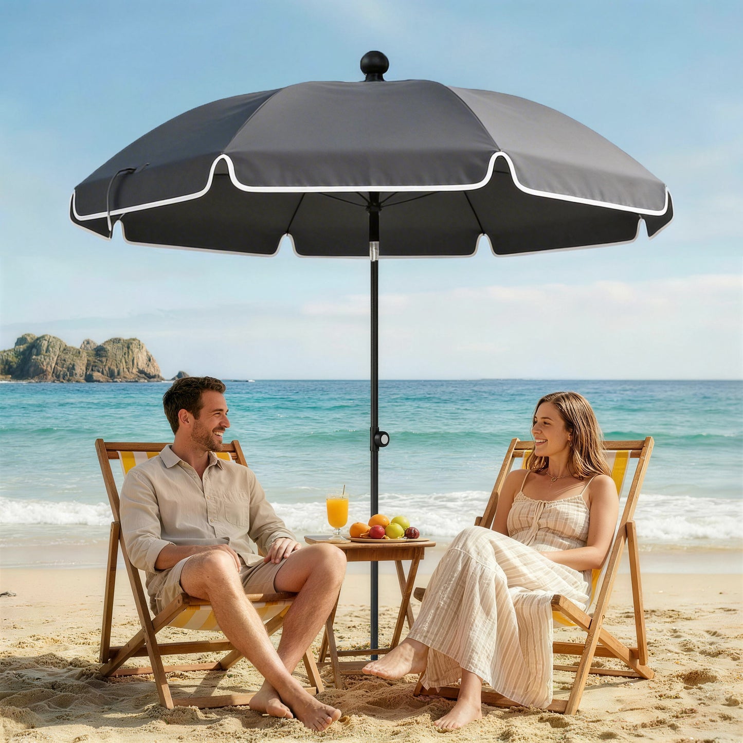 1.8 m Beach Umbrella Parasol with Sand Anchor, Portable 30° Tilting Patio Sun Shade with Adjustable Height, Dark Grey
