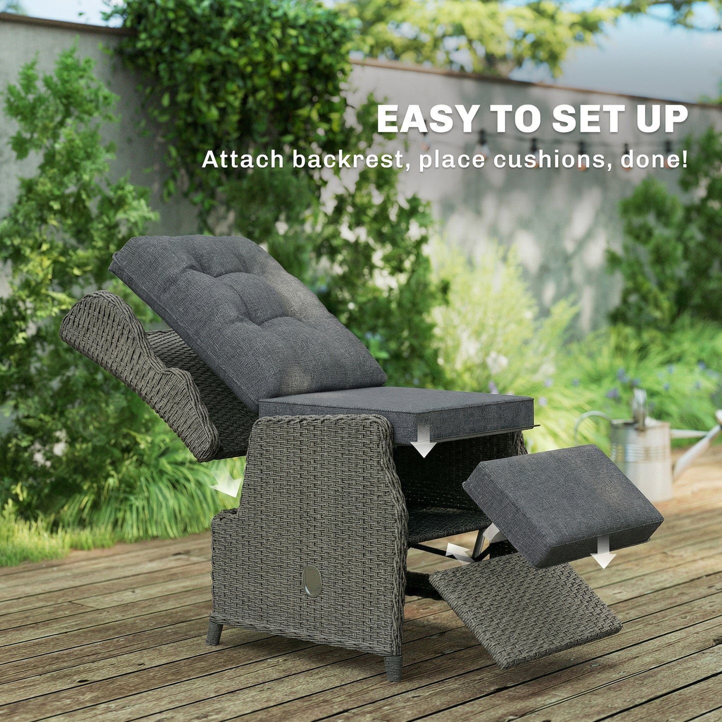 Rattan Garden Recliner Chair, Reclining Garden Chair with Adjustable Back and Footrest, Flip Table, Cushion, Dark Grey