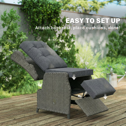 Rattan Garden Recliner Chair, Reclining Garden Chair with Adjustable Back and Footrest, Flip Table, Cushion, Dark Grey