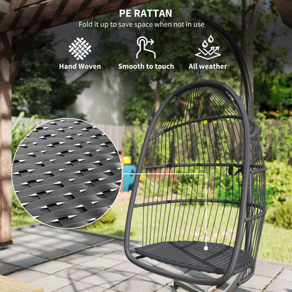 Rattan Hanging Egg Chair with Stand, Foldable Wicker Swing Egg Chair with Cushion, Head Pillow, Steel Frame