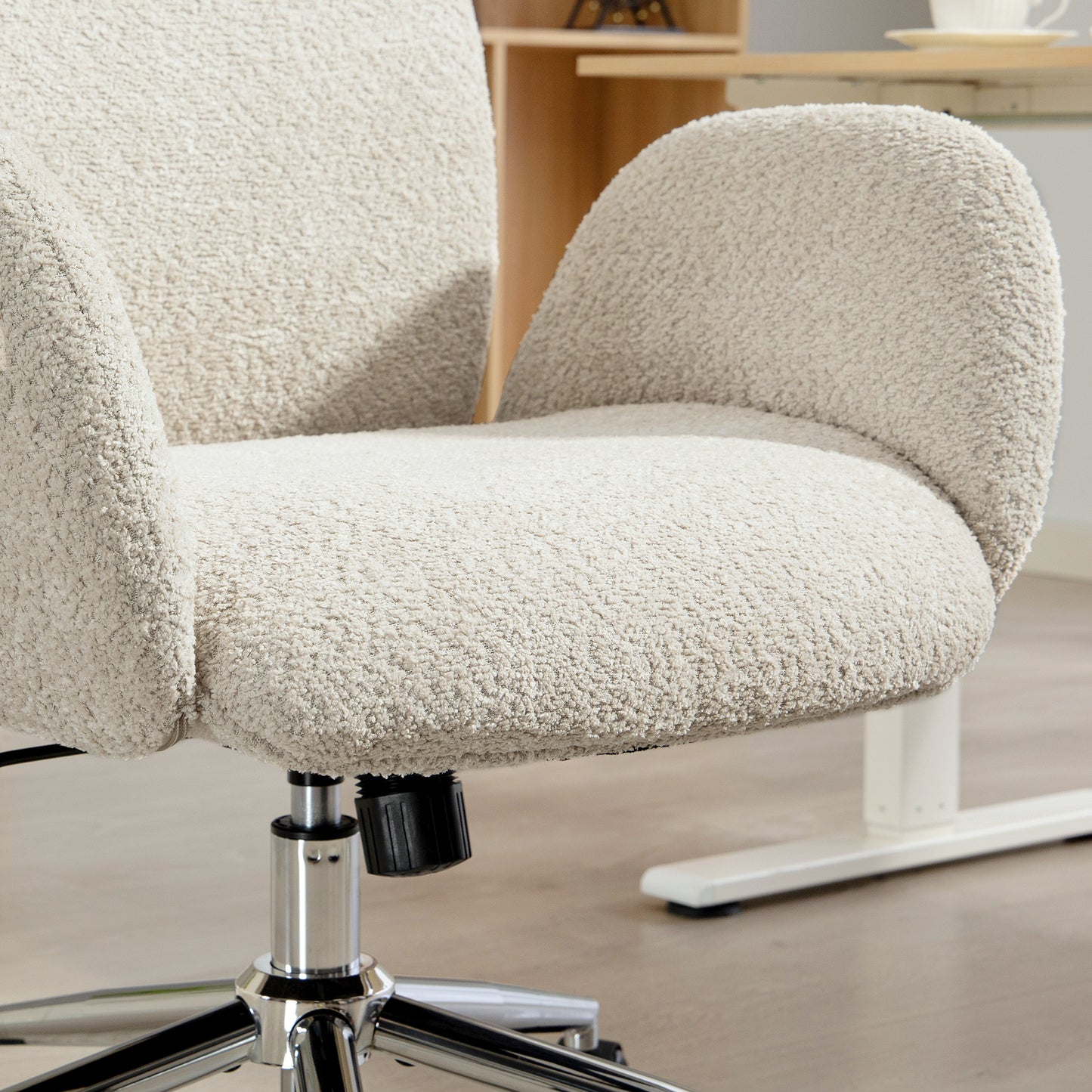Office Chair with Adjustable Headrest, Spring Pack, Curved Line, Boucle Fabric - Pale Grey