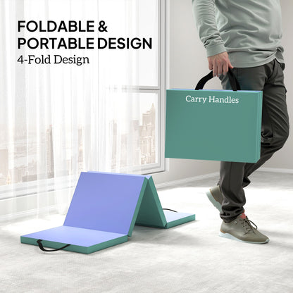Foldable Gymnastics Mat, 6 ft Long & Four Folding Thick Exercise Tumbling Mat with Carrying Handles, Green & Purple