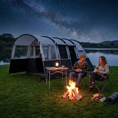 4 Person Camping Tent, Waterproof Family Tent, Tunnel Design, 4 Large Windows, Sleeping Cabins 3000mm Water Column Grey
