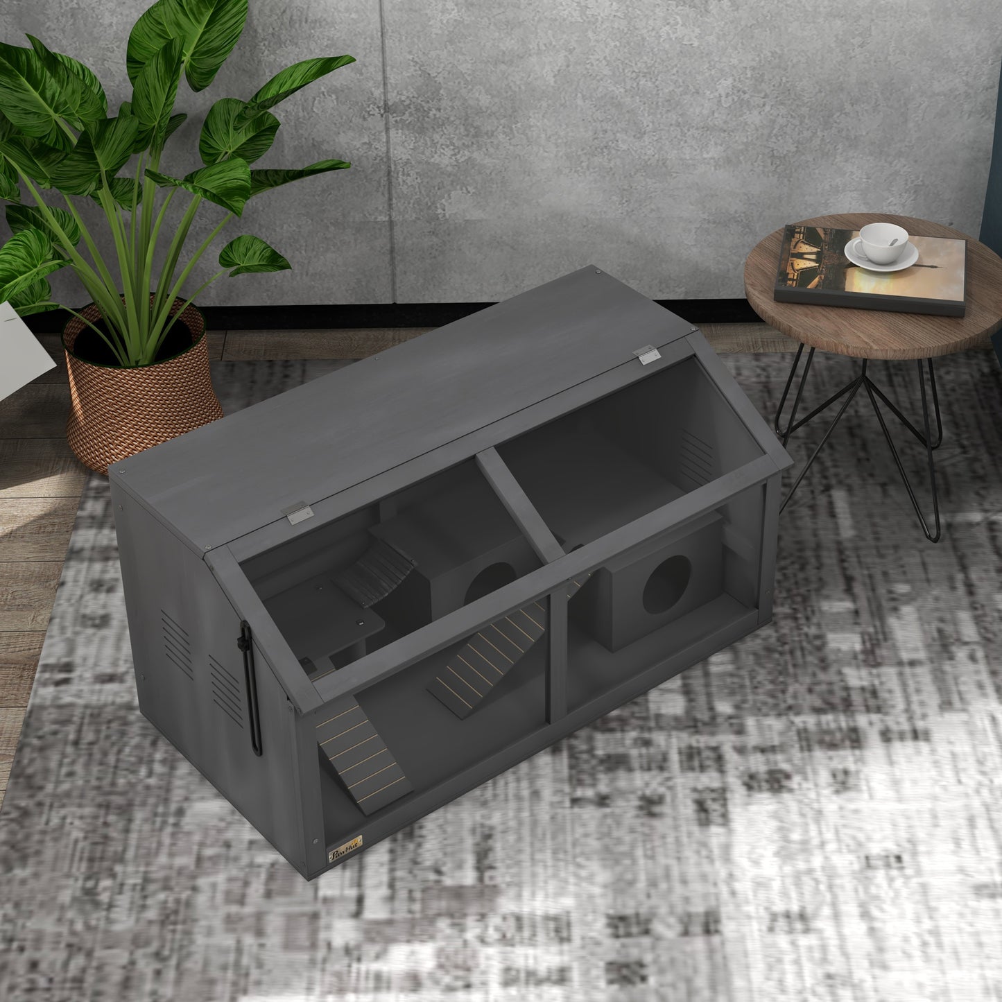 Hamster Cage, Wooden Small Animal Cage for Gerbils, Mice w/ Suspension Bridge, Openable Top, Hut, 85 x 45 x 44cm - Grey
