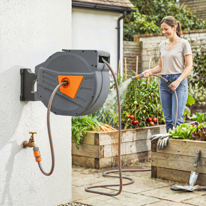 Retractable Hose Reel Wall Mounted, 40+2m Garden Hose Pipe Reel with Auto Retraction, Self-Locking, Orange