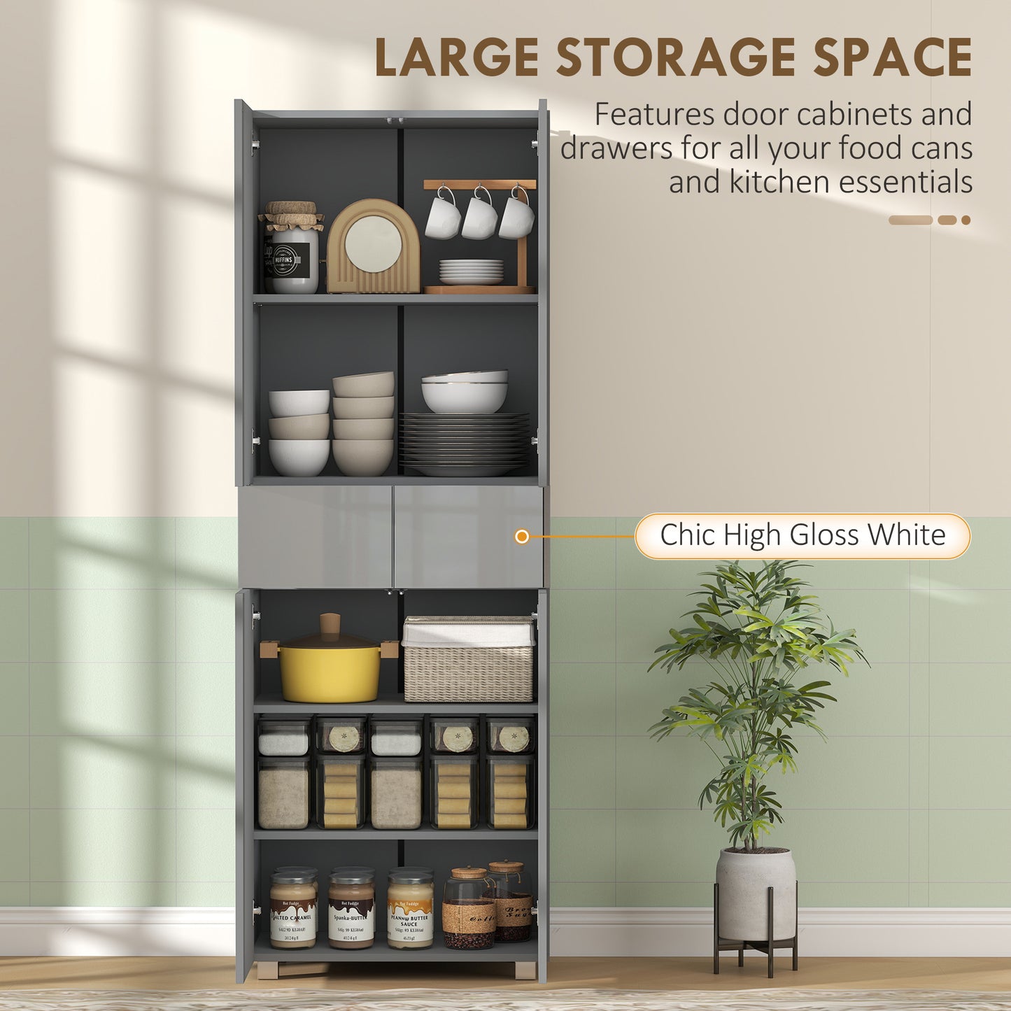 Storage Cabinet, Kitchen Cupboard with 3 Adjustable Shelves, 60L x 35W x 170H cm, High Gloss Grey