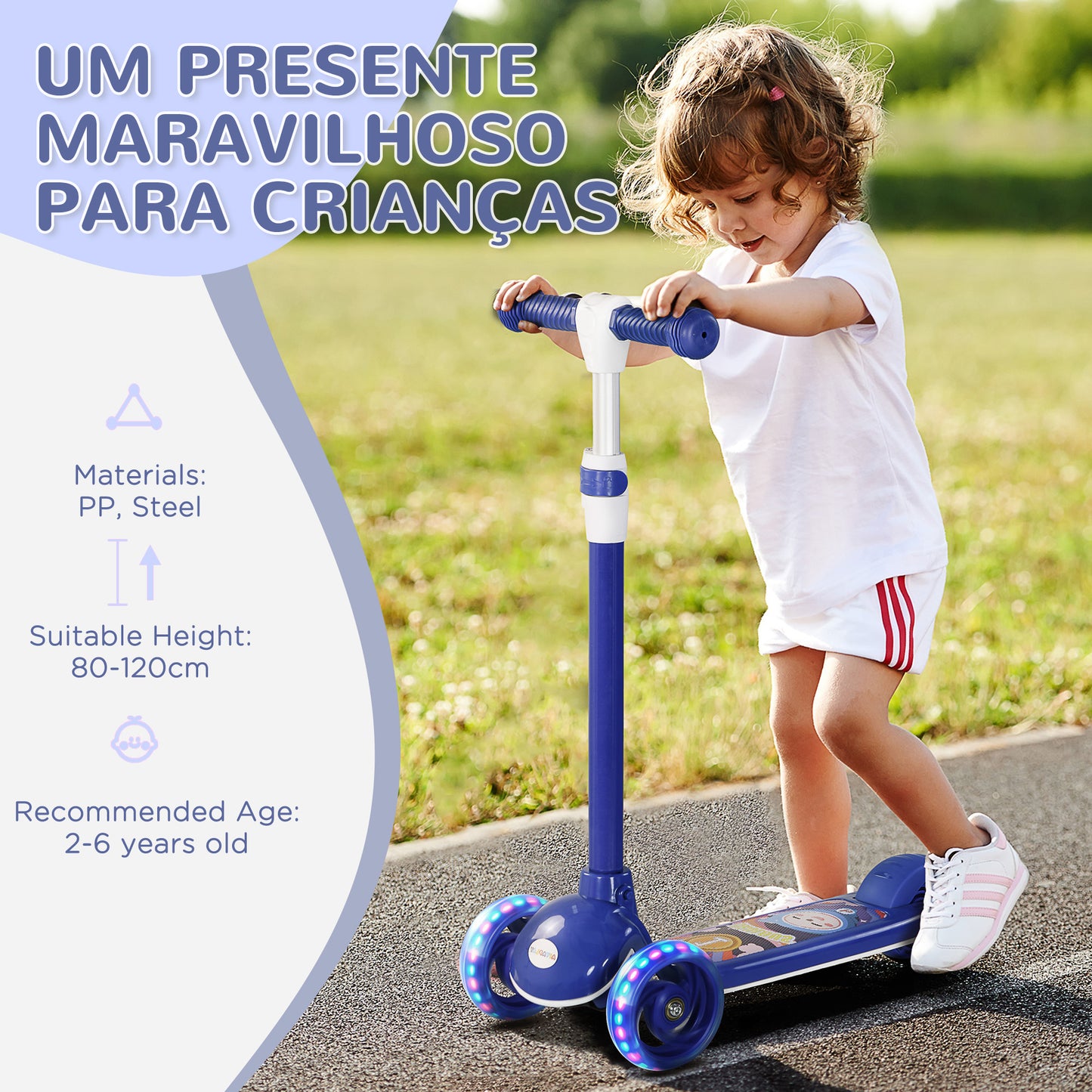 Kids 3 Wheel Scooter for 2-6 Years Old w/ Adjustable Height, LED Light, TPE Handlebar, Blue