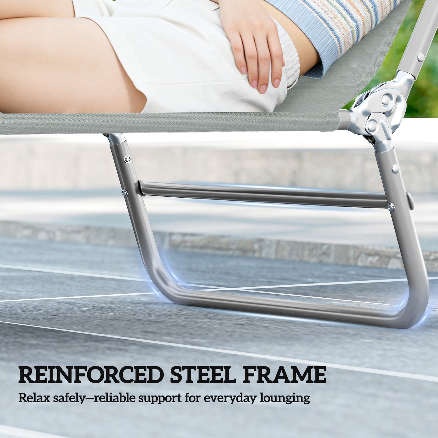Set of Two Steel Frame Sun Loungers, with Reclining Backs - Light Grey