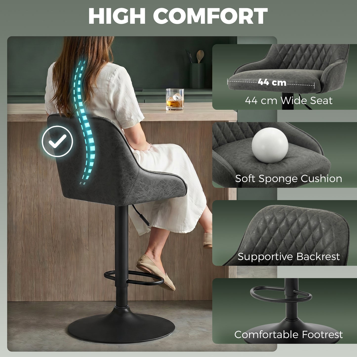 Bar Stools Adjustable Swivel Kitchen Chairs with Backrest Set of 2 for Kitchen Island Dark Grey