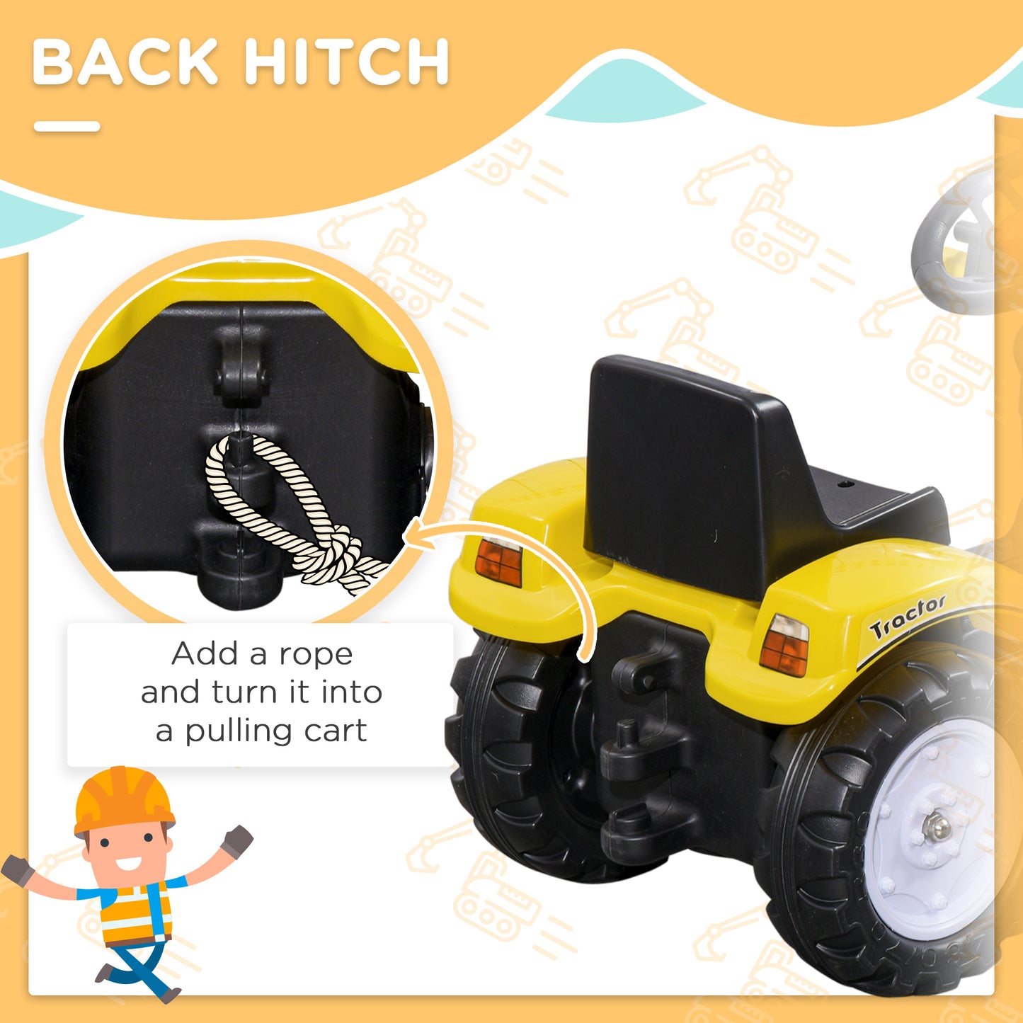 Ride On Tractor, Toddler Excavator Toy, Pretend Play Construction Truck with Adjustable Bucket, Horn for 3 Years+