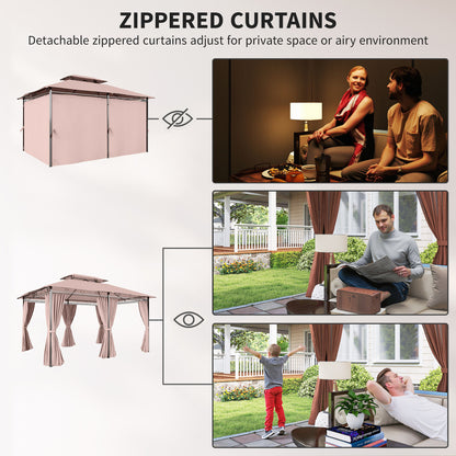 4m x 3(m)Garden Gazebo, Double Roof Outdoor Gazebo Canopy Shelter with Curtains, Solid Steel Frame for Patio, Garden, Brown