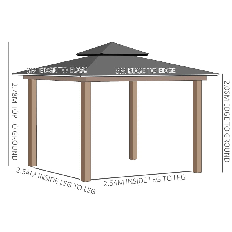 Hard Top Double Polycarbonate Roof Gazebo with Nettings & Curtains - 3x3 (m) - Grey Clear / Khaki