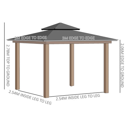 Hard Top Double Polycarbonate Roof Gazebo with Nettings & Curtains - 3x3 (m) - Grey Clear / Khaki