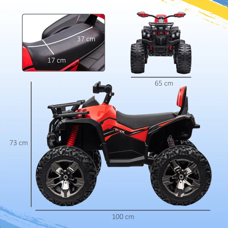 12V Quad Bike ATV with LED Lights, Music, Backrest - Red