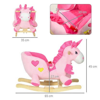 Pink Unicorn Style Ride on Rocking Horse with Safety Belt and Wooden Base