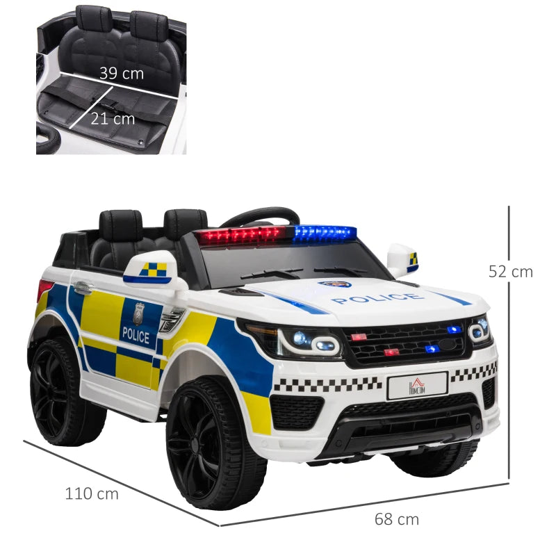 12V Kids Electric Ride On Police Car with Parental Remote Control, Siren, Flashing Lights and USB - White