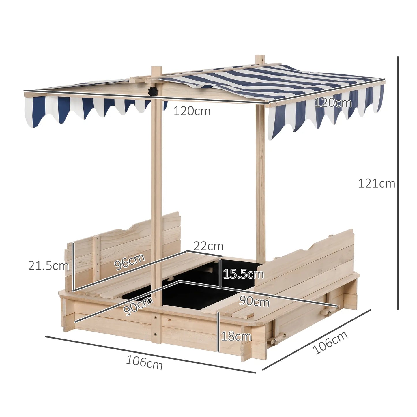 Kids Square Wooden Sandpit with 2 Benches and Adjustable Canopy - Navy