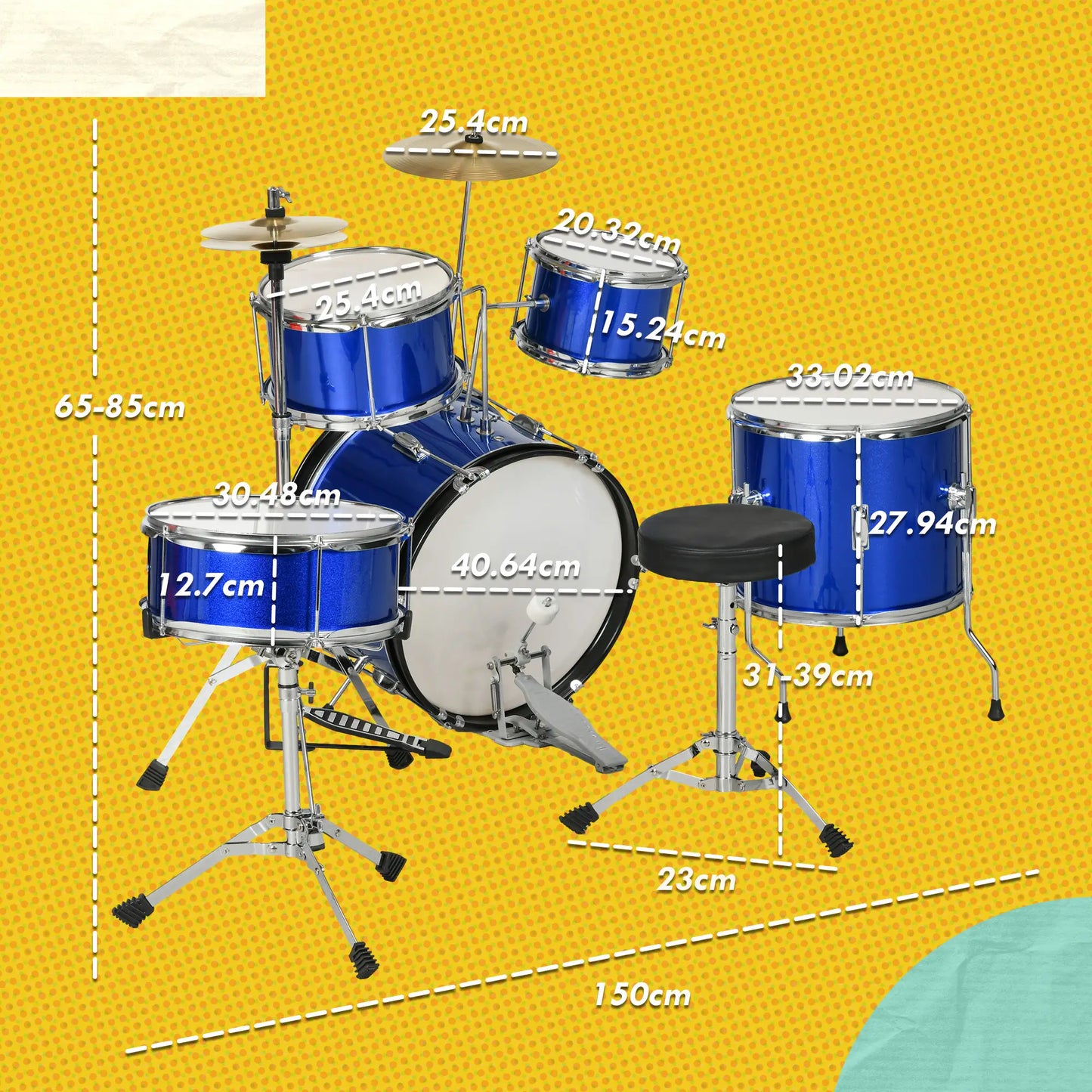 11 Piece Kids Drum Kit / Set with Stool and Drumsticks Included