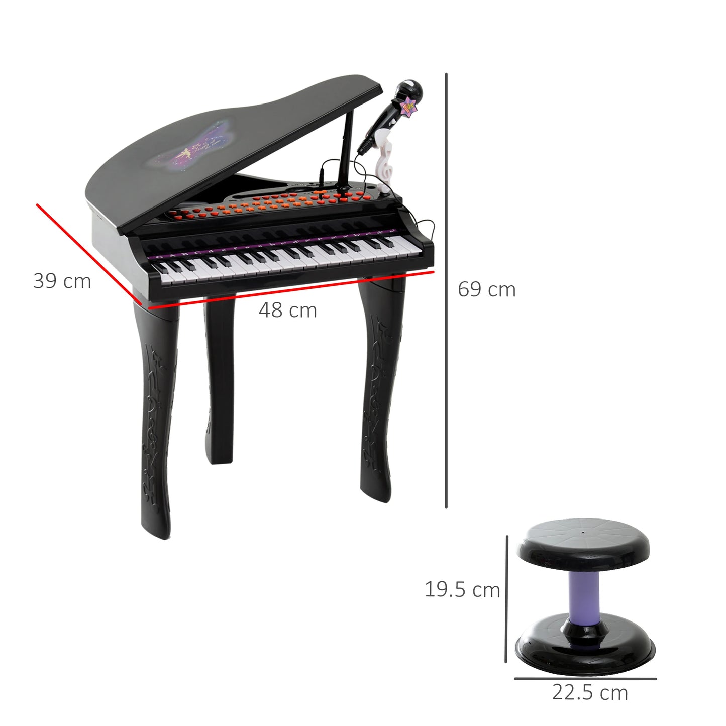 Mini Electronic Piano with Stool and Microphone Stand - Black