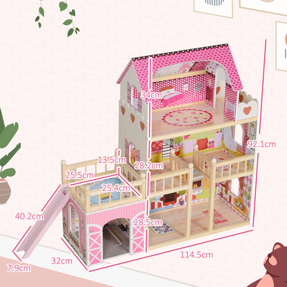 3-Storey Wooden Dolls House Play Set with 13 Pieces and Accessories