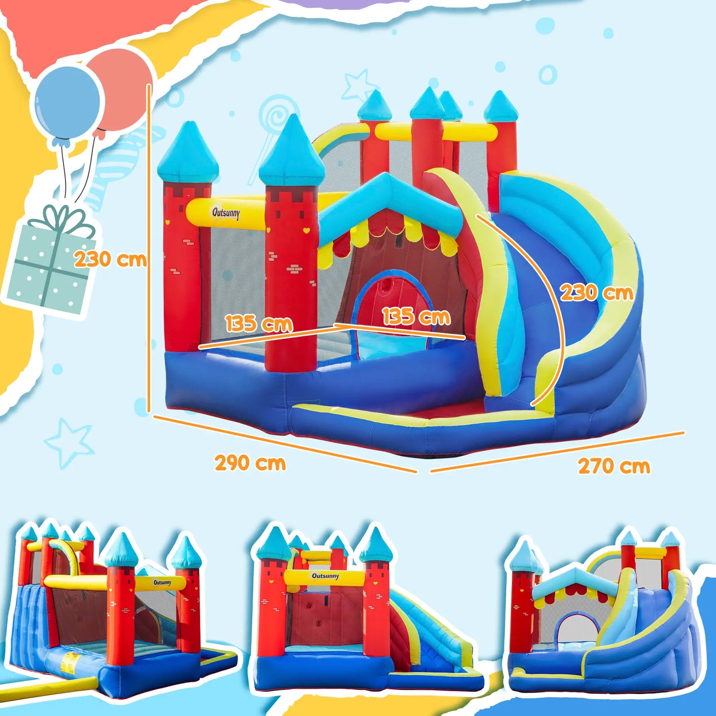 Kids Bouncy Castle with Climbing Wall, Trampoline, Paddle Pool and Slide